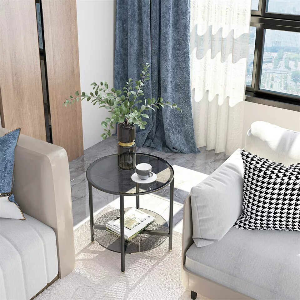 2 Tier Glass End Table Small Side Table Nightstand for Living Room Bedroom Grey