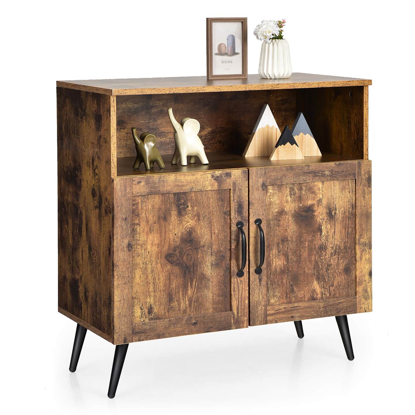 Costway Mid-century Storage Cabinet Sideboard w/ Doors Wine Glass Racks Rustic Brown