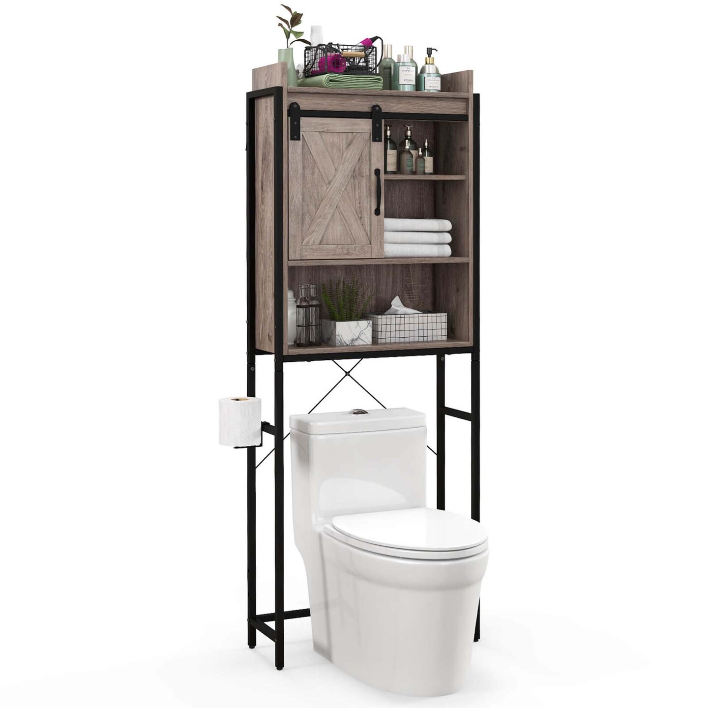Costway Over-The-Toilet Storage Cabinet Bathroom Organizer w/ Sliding Barn Door Rustic Brown/Espresso/Grey