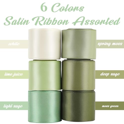 6 Rolls Sage Green Ribbon 1-1/2 inch Light Sage/Dusty Sage/Moss Green/Antique White Satin Ribbon Set for Flower Bouquet, Gift Wrapping, Hair Bows, Crafts, Eternal Flowers-