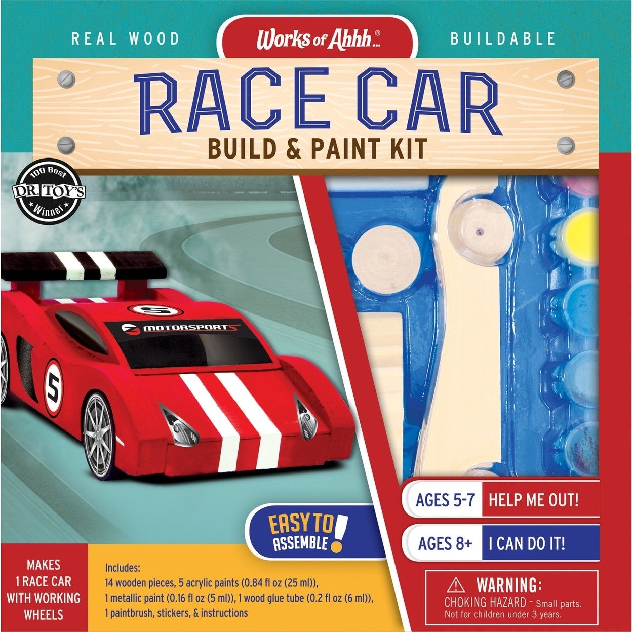 Race Car Buildable Wood Craft And Paint Kit Non-Toxic Acrylic Paints Included