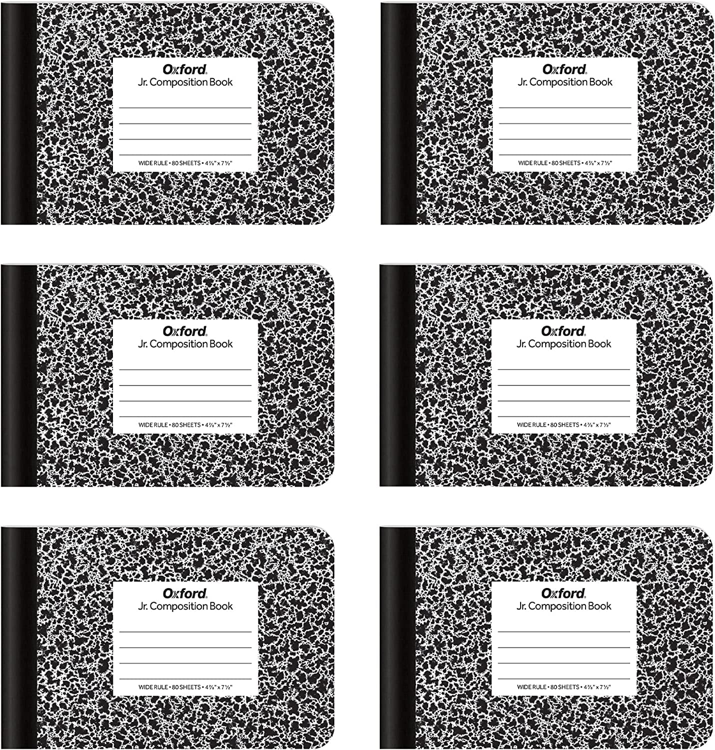 Jr. Composition Notebooks, Half Size, 4-7/8 X 7-1/2 Inches, Wide Ruled Paper, 80 Sheets, Black Marble Covers, 6 Pack (63773)