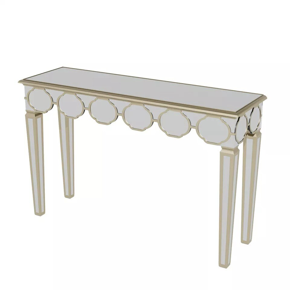 Modern Mirrored Console Table Vanity Makeup Desk Glass Entryway Table Gold Rim