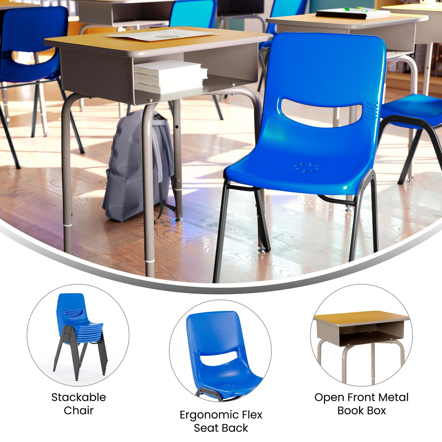 Emma and Oliver Jacobs Desk/Chair Set with Metal Open Front Storage Box, Desktop, Metal Frame and Stackable Flex Comfort Classroom Chair