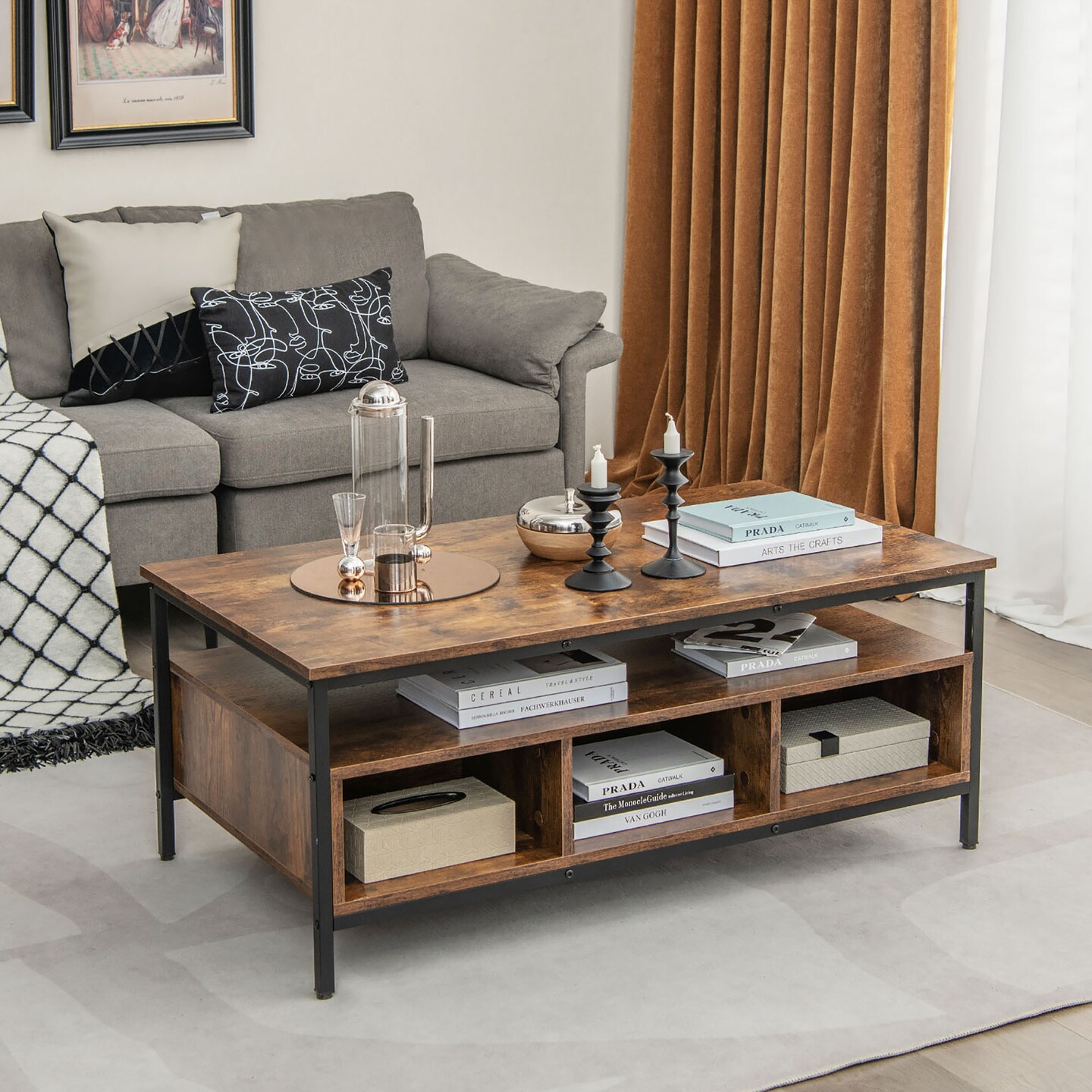 Costway Industrial Coffee Table with Open Storage Metal Frame Center Table for Living Room