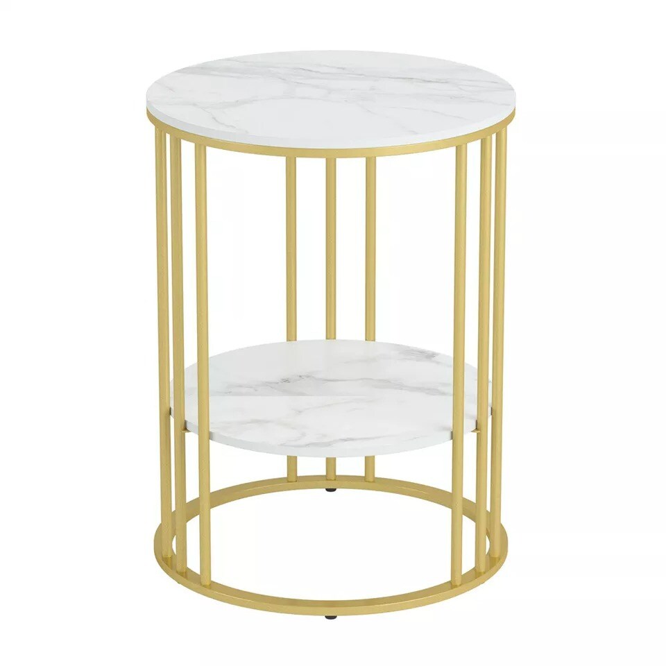 Modern Round Side Table End Table Marble Top Metal Ring-Shape Frame White &#x26; Gold