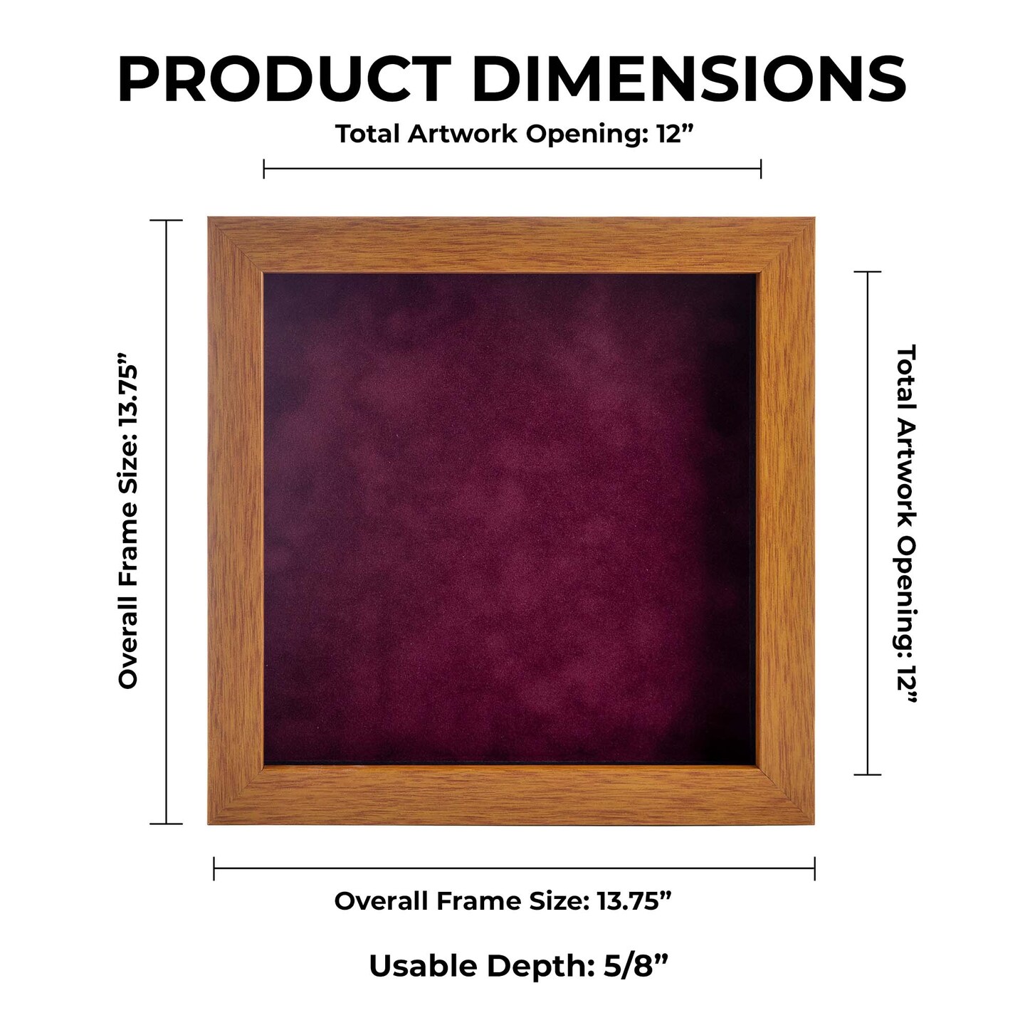 Warm Honey Brown Wood Shadow Box Frame with Acrylic Front - Dark Red Suede Backing, 30 Sizes