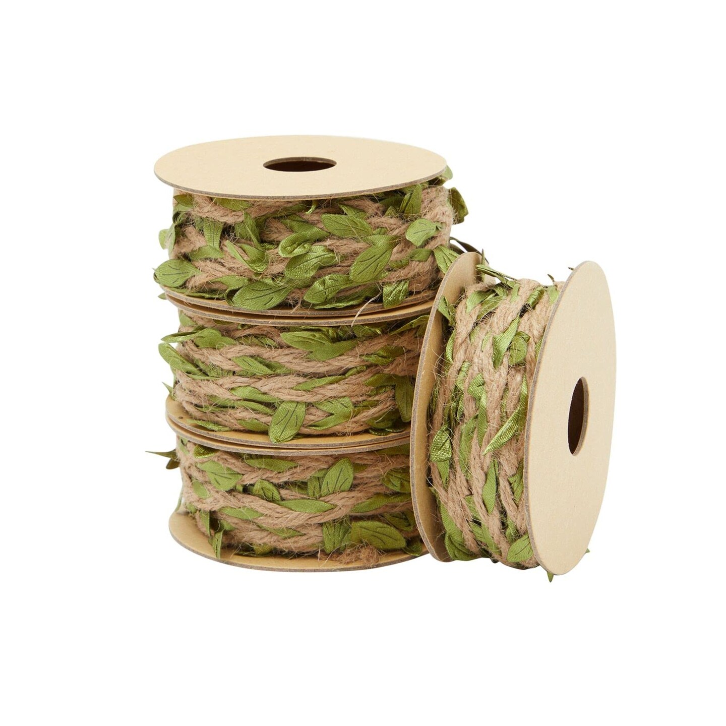 Juvale Burlap Leaf Ribbon - Jungle, Safari & Fairy Party, Enchanted Forest Decor, Vines for Crafts (4 Rolls, 65.6 Ft Total)