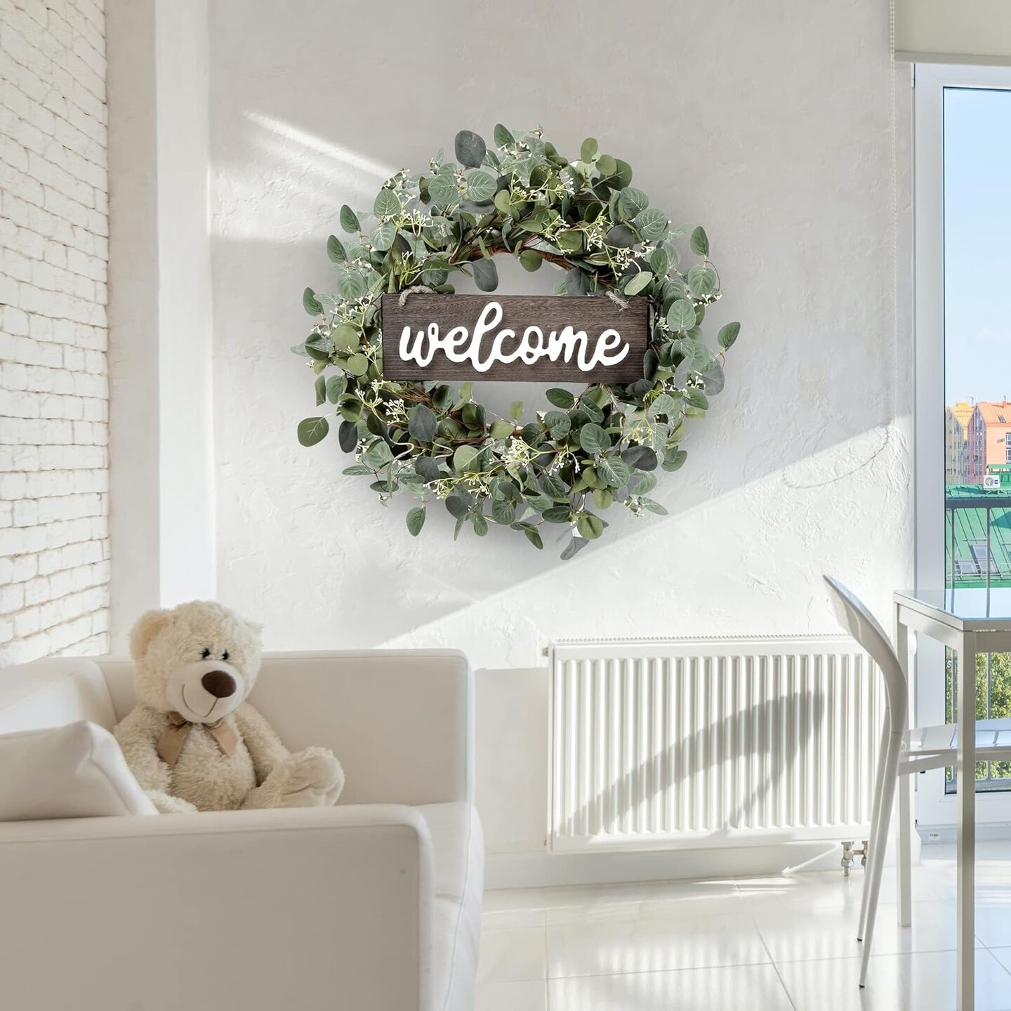 20-inch Green Eucalyptus Wreath with "Welcome" Sign – Front Door Decor