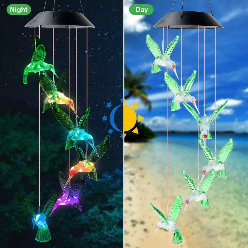 Solar Color Changing LED Hummingbird Wind Chimes Home Garden Decor Light Lamp