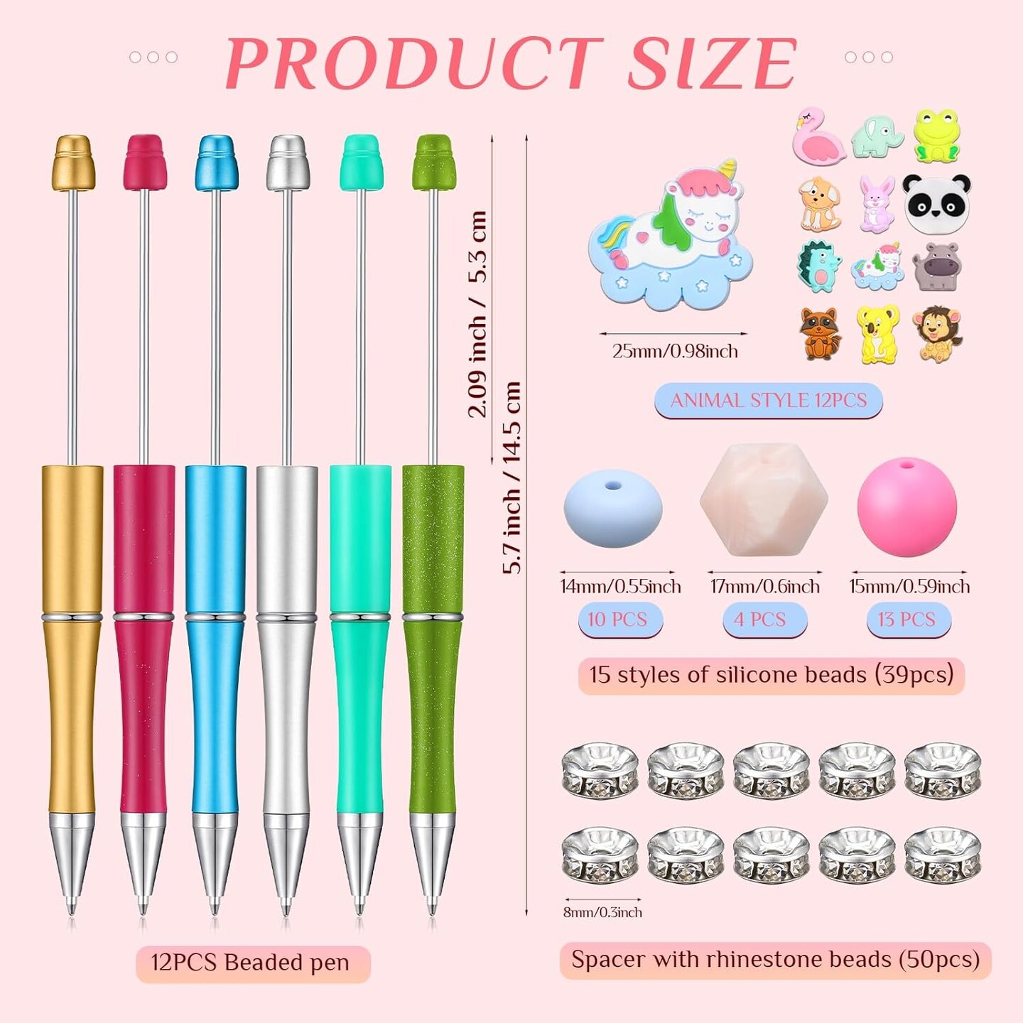 12 Pieces Beadable Pens Kit with Silicone Focal Beads, Animal Style, Black Ink, for DIY School Supplies