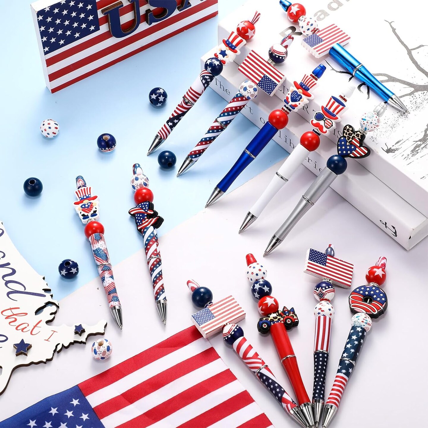 12 Set Beadable Pens DIY Kit - Assorted Beads, Black Ink, American Flag Design