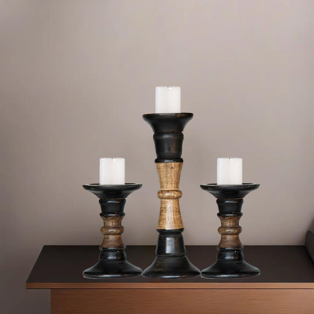 Eco-Friendly Handmade Mango Wood Dark Polish Set Of 3 Pillar Candle Holders