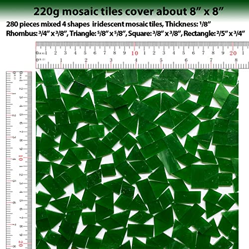 280 Pieces Iridescent Green Mosaic Tiles for Crafts,  Mixed 4 Shapes Stained Glass Sheets, Stained Glass Supplies for Mosaic Projects