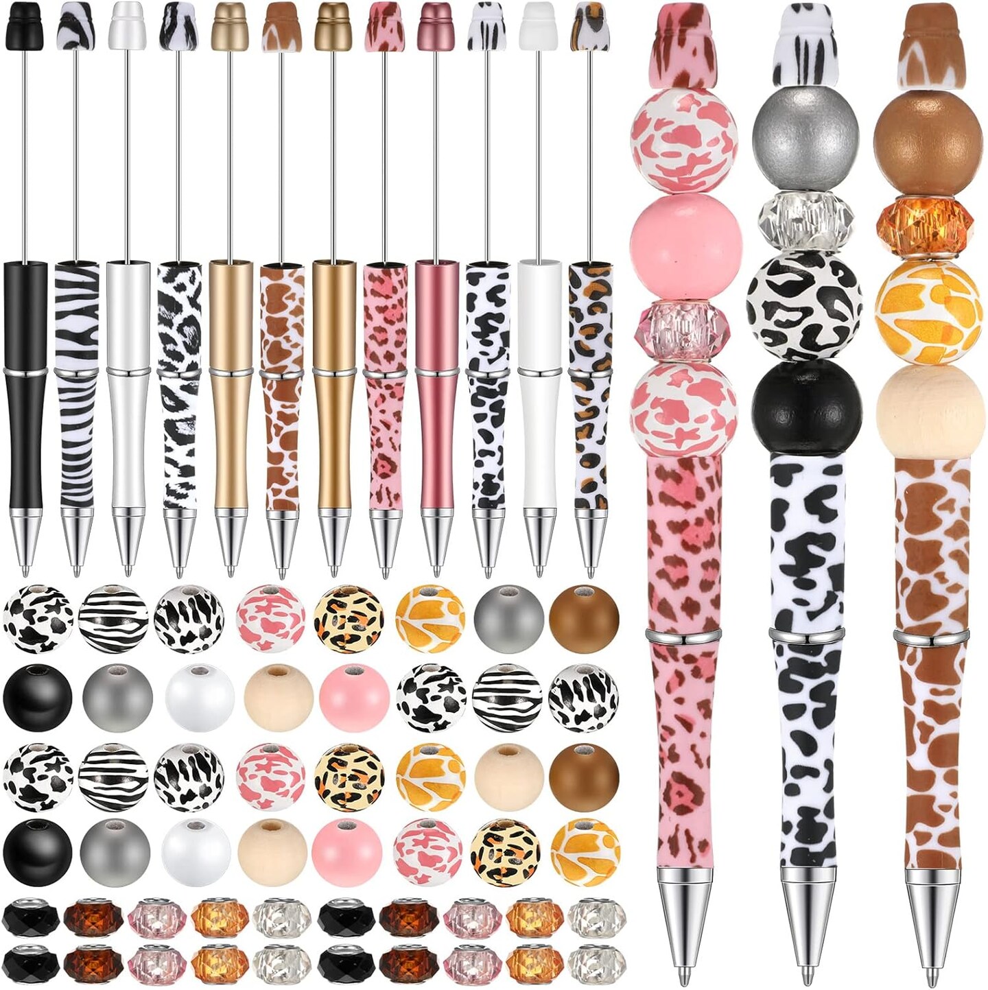 12 Set Beadable Pens DIY Kit - Assorted Beads, Black Ink, Animal Print Design