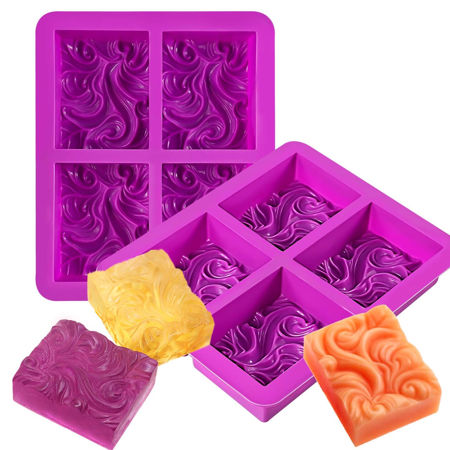 2 Pck 4-Cavity Ocean Wave Soap Mold/Silicone Sea Wave Cake Pan for Jelly Pudding Mousse Mould/DIY Handmade Nautical Cloud Swirls Pattern Soap Mold for Goat Milk Soap (3.5 Oz Cavities)