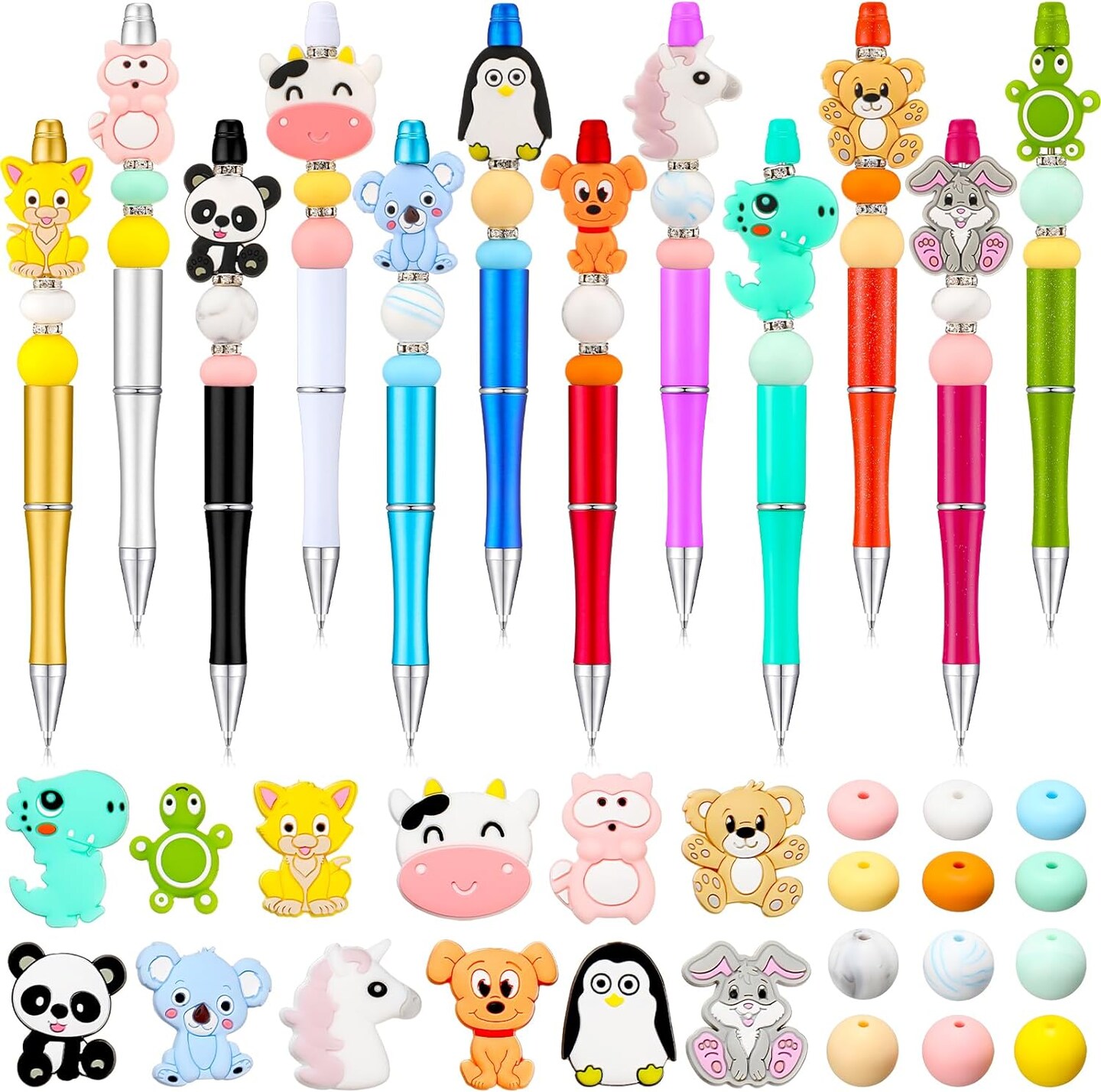 12 Pieces Beadable Pens Kit with Silicone Focal Beads, Animal Style, Black Ink, for DIY School Supplies