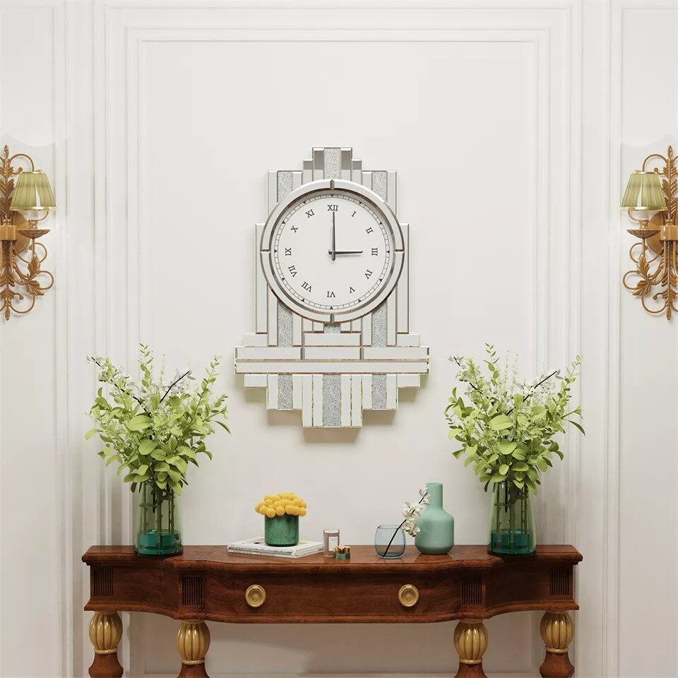 23.6&#x27;&#x27; Mirrored Wall Clock Modern Crystal Crush Diamond Silver Glass Home Decor