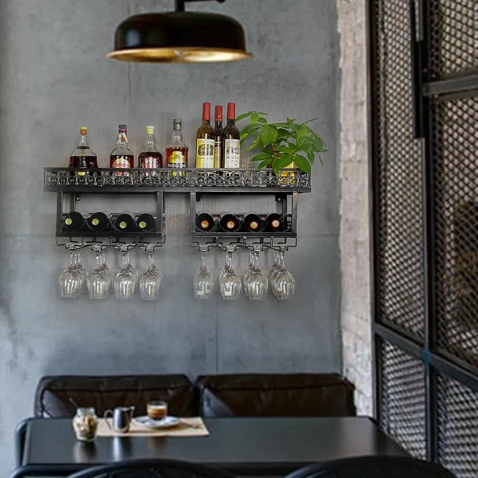 2 Tier Wall Mount Metal Wine Rack Storage Shelf Hanging Glass Holder Bar Home
