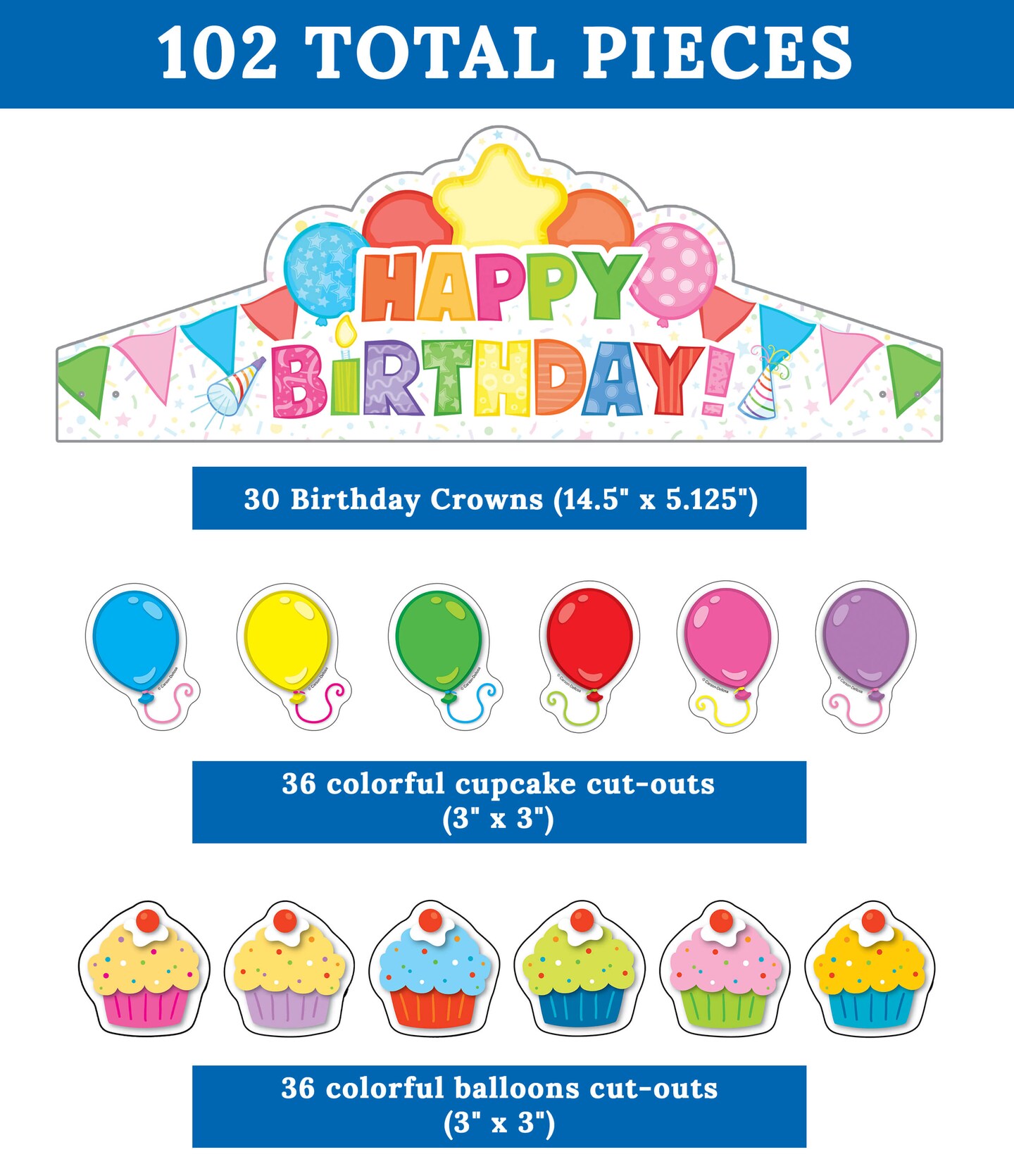 Carson Dellosa 102pc Birthday D&#xE9;cor Classroom Decorations Set, Birthday Crowns, Colorful Balloons &#x26; Cupcake Happy Birthday Bulletin Board Decorations, Party D&#xE9;cor, Birthday Classroom D&#xE9;cor Theme Sets