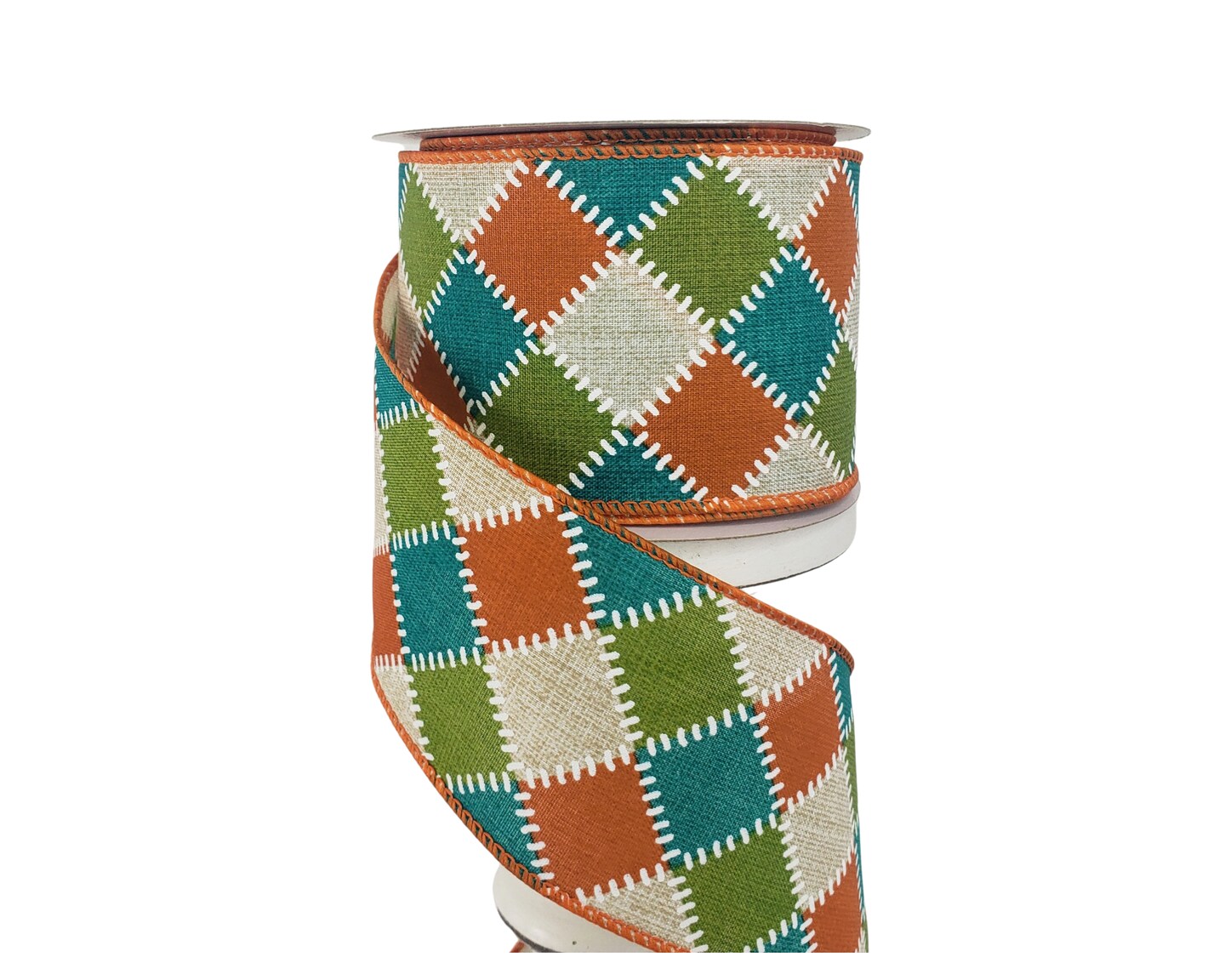 2.5&#x22;x10YD Fall Stitch Check Wired Ribbon - Teal/Moss/Orange/Natural - Rustic Charm for Autumn Crafts and Decor-(61101-40-33)