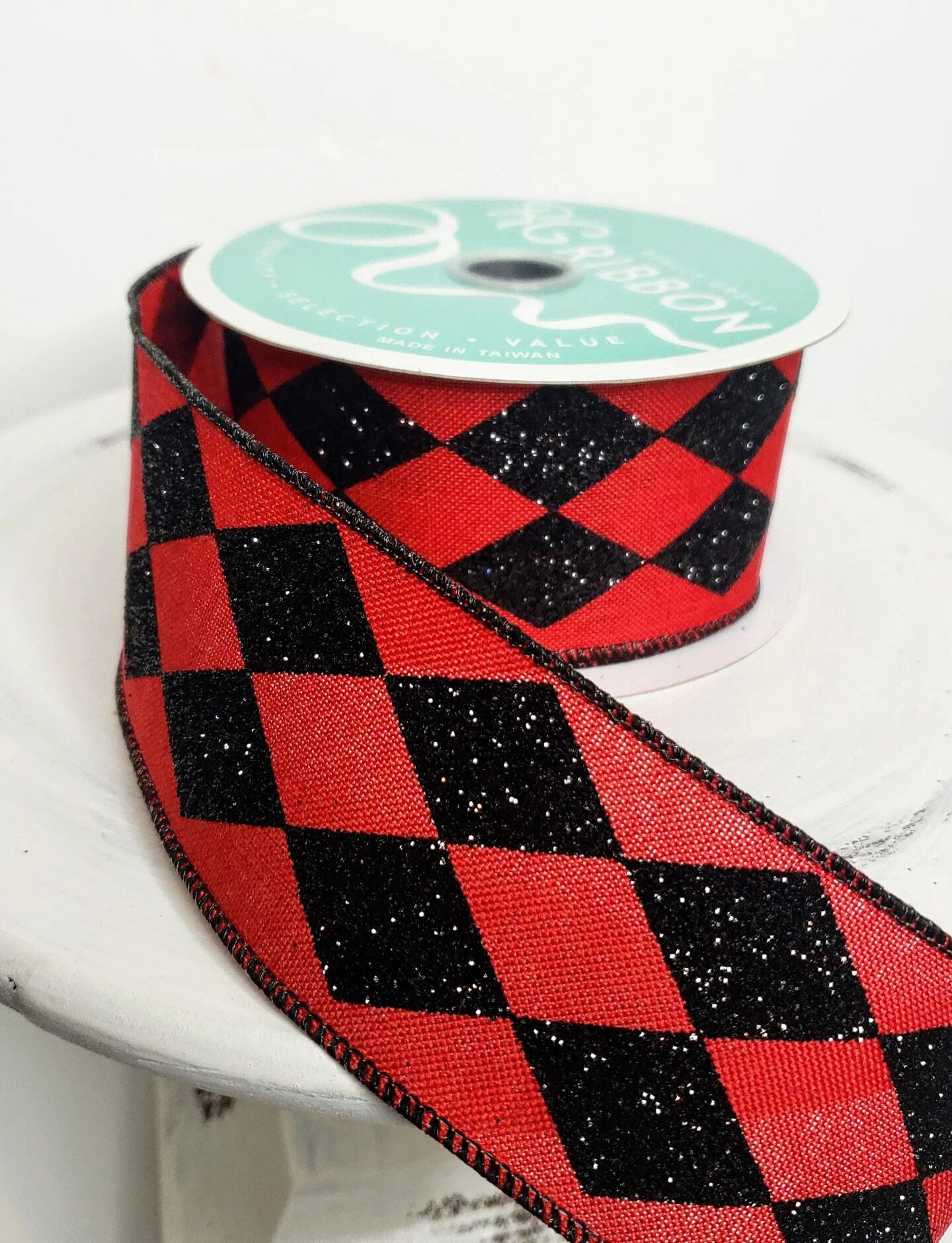 2 Inch Glitter Harlequin Check Wired Ribbon - Striking Elegance in Red and Black-RGA149924