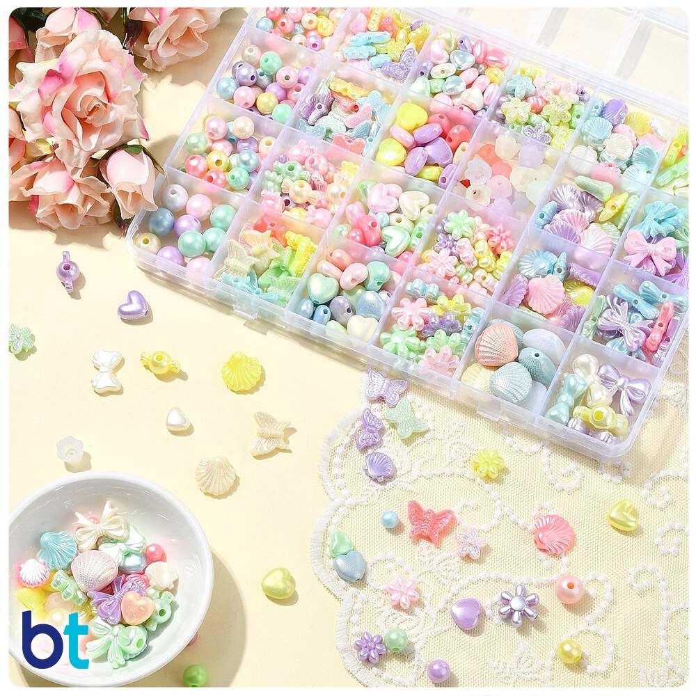 BeadTin Pastel Opaque AB Mixed Shapes Plastic Beads (Box/24 Styles)