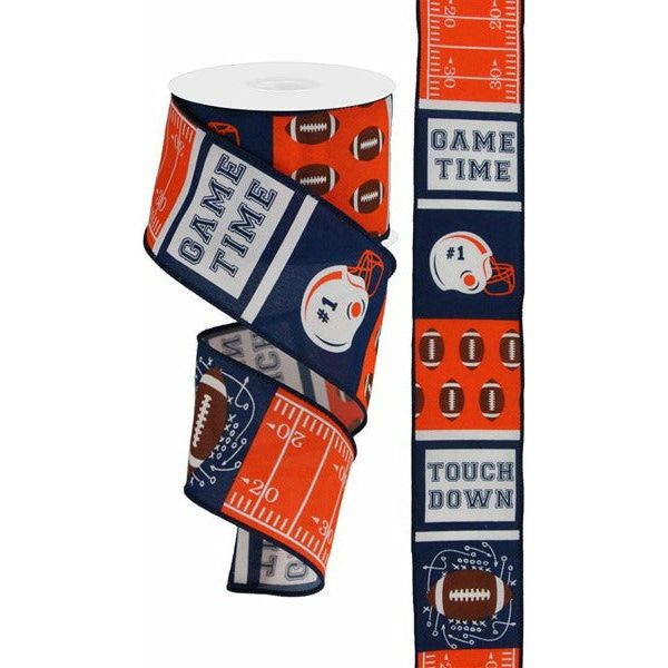 2.5&#x22; Football Block Pattern Ribbon: Navy/Orange (10 Yards)