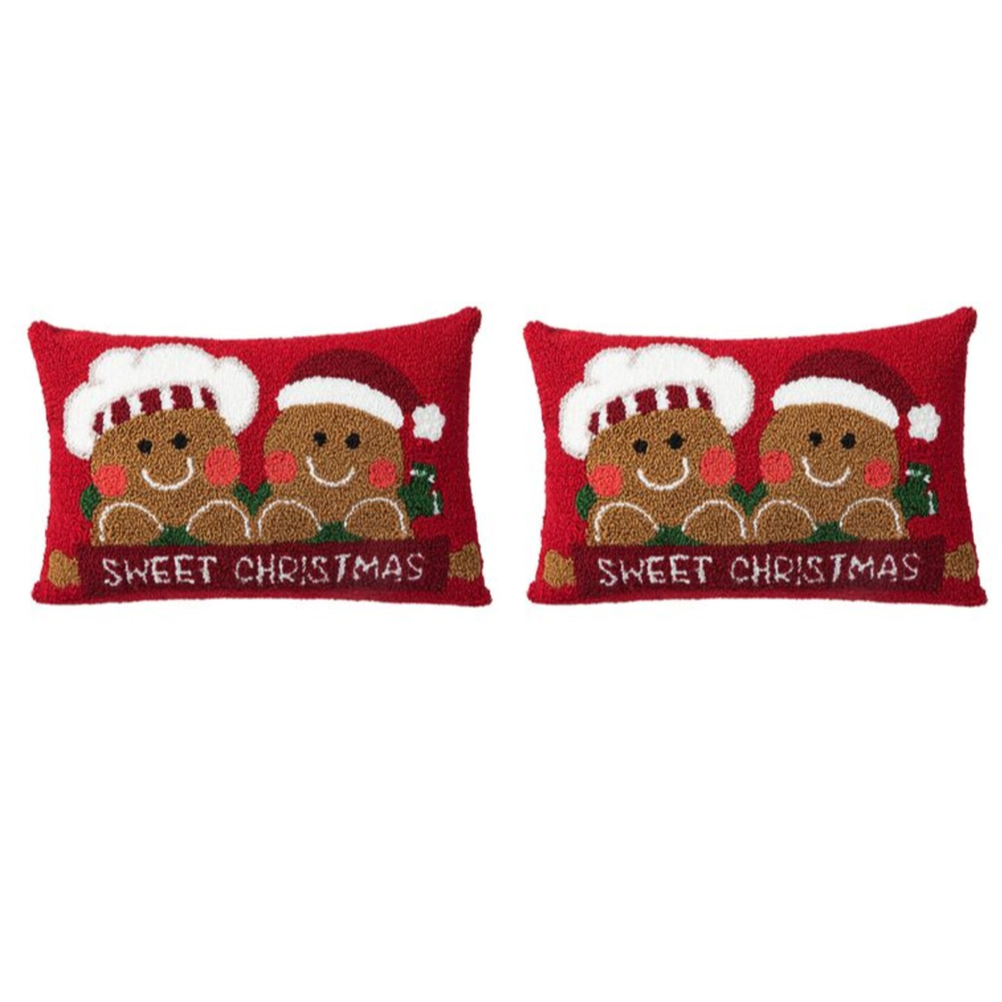 Set of 2 18"L Hooked Gingerbread Boy & Girl/Bent Trees Pillow