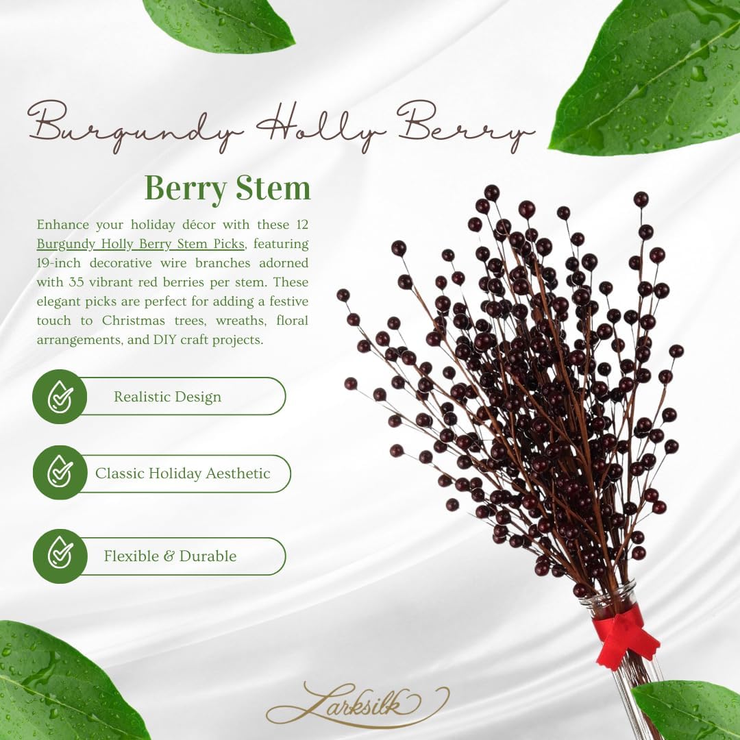Set of 12: Burgundy Holly Berry Stems with 35 Lifelike Berries | 17-Inch | Festive Accents | DIY Arts &#x26; Crafts, Wreaths, &#x26; Garlands | Berry Picks | Home &#x26; Office Decor