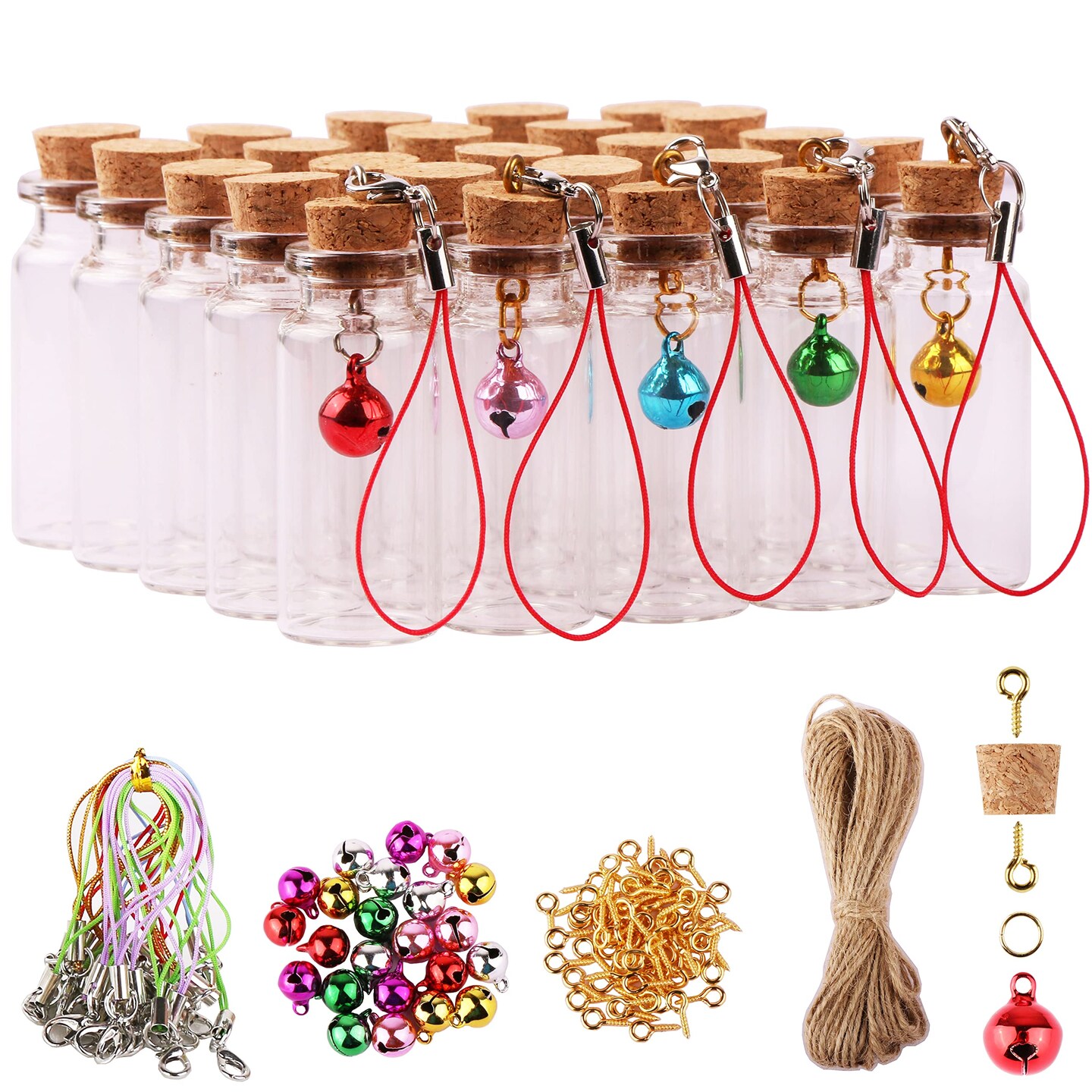 25pcs Small Glass Bottles with Cork Stoppers DIY Art Craft Storage 10ml Mini Glass Vials,Tiny Jars for Wedding Party Favors Home Decoration with Connection Accessories Twine Bell