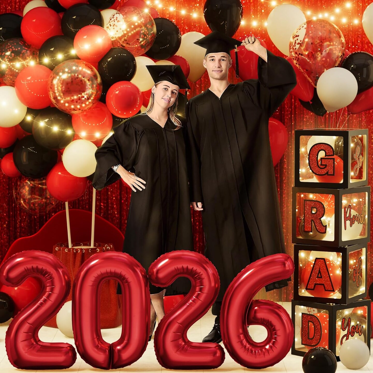 Graduation Party Decorations Class of 2026 – 86pcs Grad Supplies Kit with LED Light Strings, Balloon Block Letters, Foil Curtains, Backdrop & 2026 Balloon Garland – Black & Red