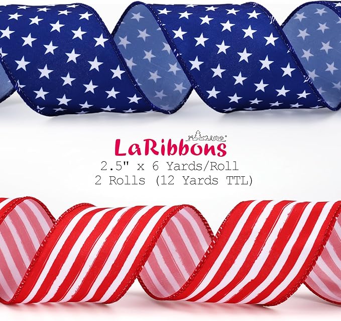Patriotic Ribbon Wired 2 Rolls 2.5 Inch x 12 Yards TTL, 250th Anniversary, 4th of July American Flag Ribbon for Independence Memorial Day Gift Wrapping DIY Crafts