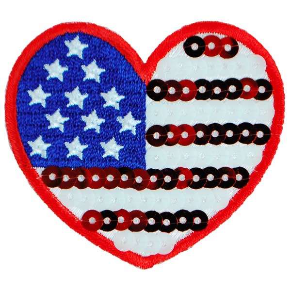 Iron-On Embroidered Sequin Applique/Patch Flag Heart