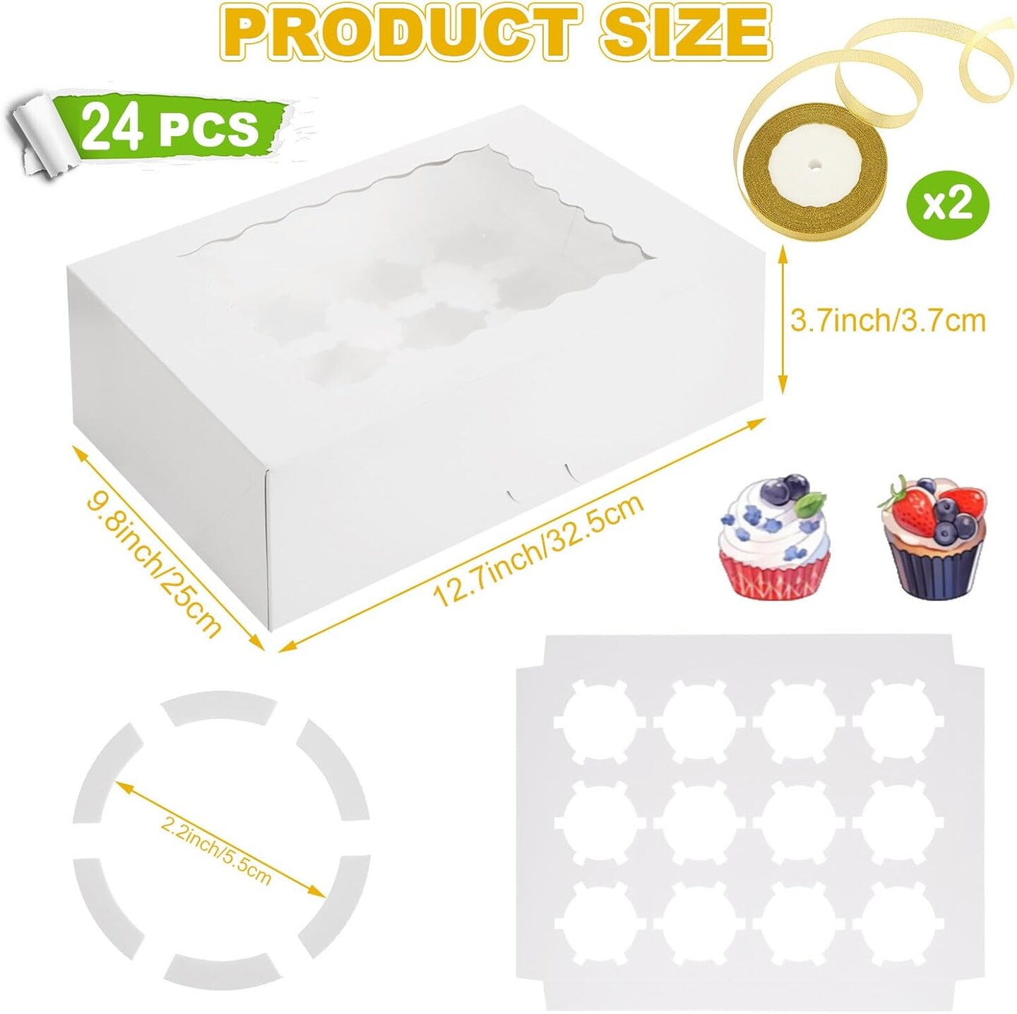 24 PCS White Cupcake Boxes, 12 Count Cupcake Containers with Window and Insert, 12.7 x 9.8 x 3.7 Inch Cupcake Holder Easy Transport and Presentation Ideal for Cupcakes, Desserts, and More
