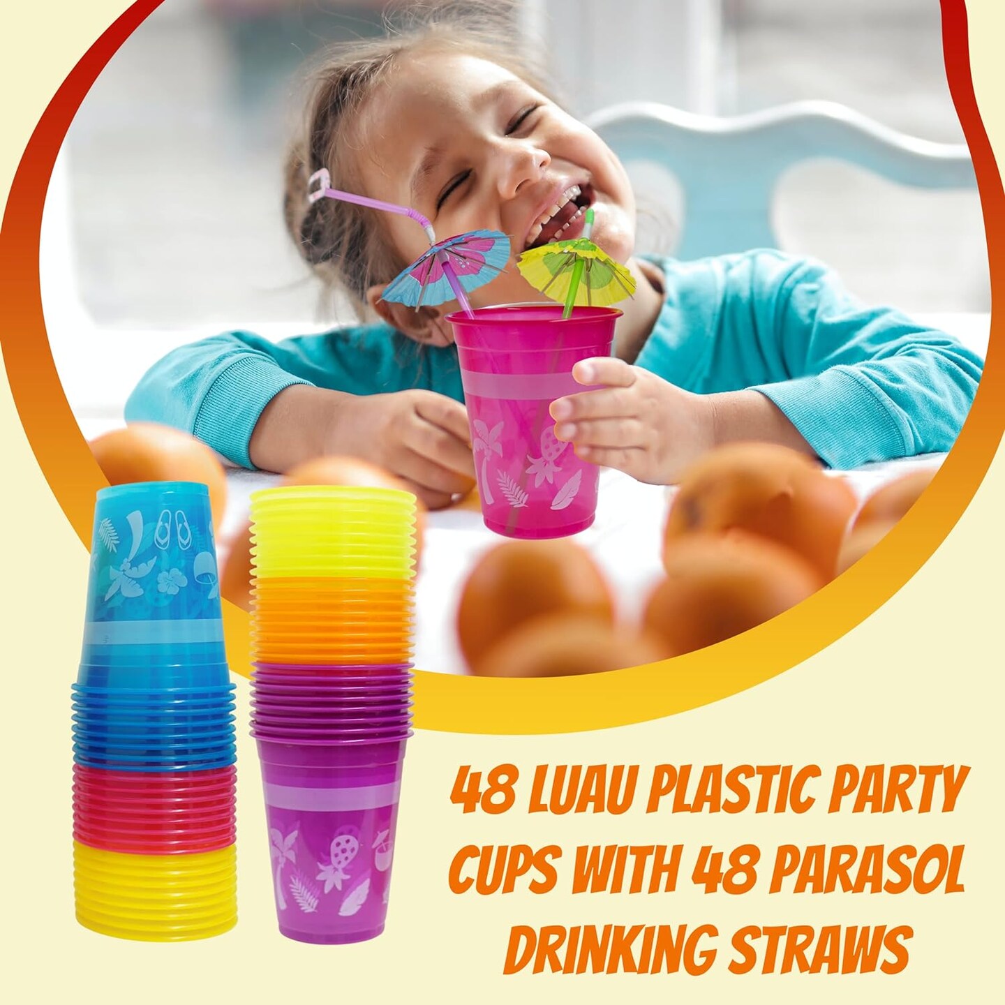 4E's Novelty 48 Pack Tropical Party Cups with Parasol Straws for Hawaiian Party Decor, Luau, Pool & Birthday Celebrations