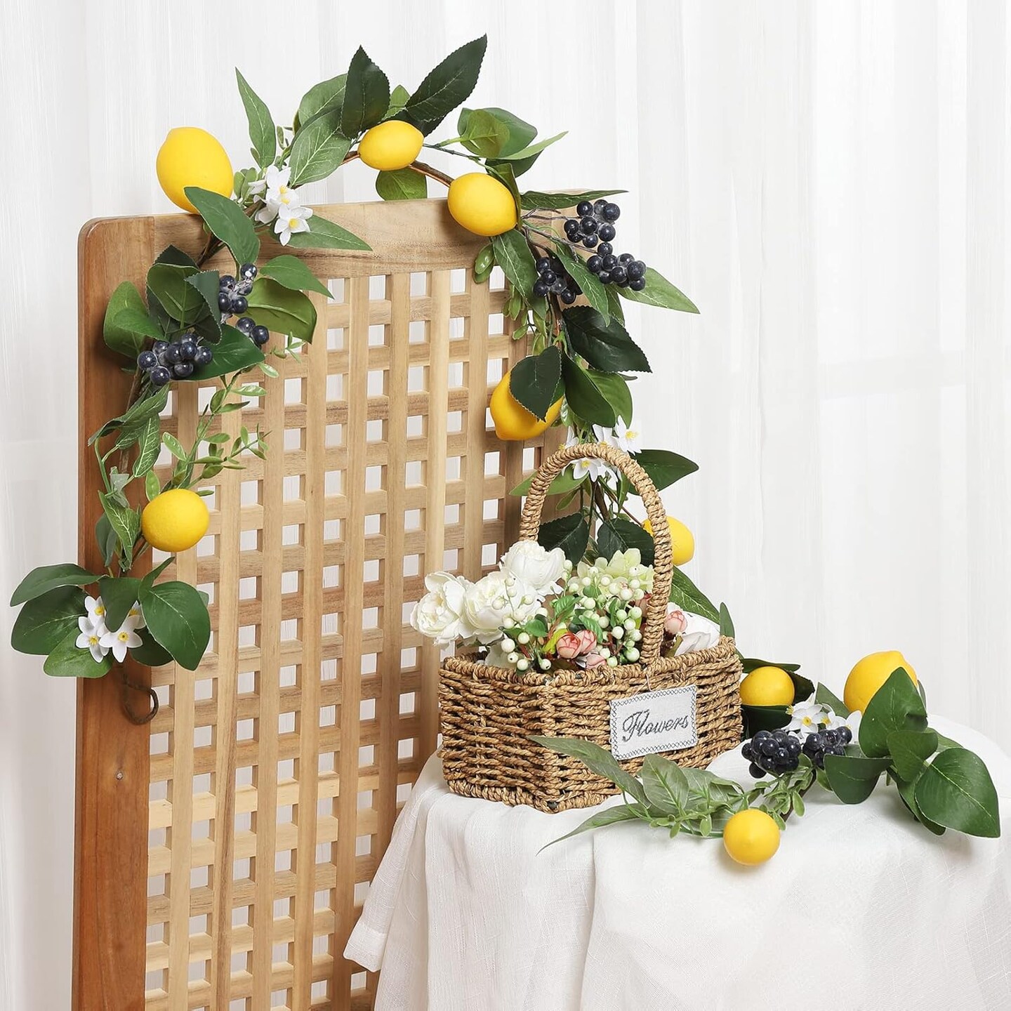 6FT Artificial Lemon Blueberry Garland, Spring Summer Fruit Garland with Lemons Blueberries Greenery Leaves Flowers, Yellow Lemon Garland for Home Front Door Kitchen Wedding Party Decor