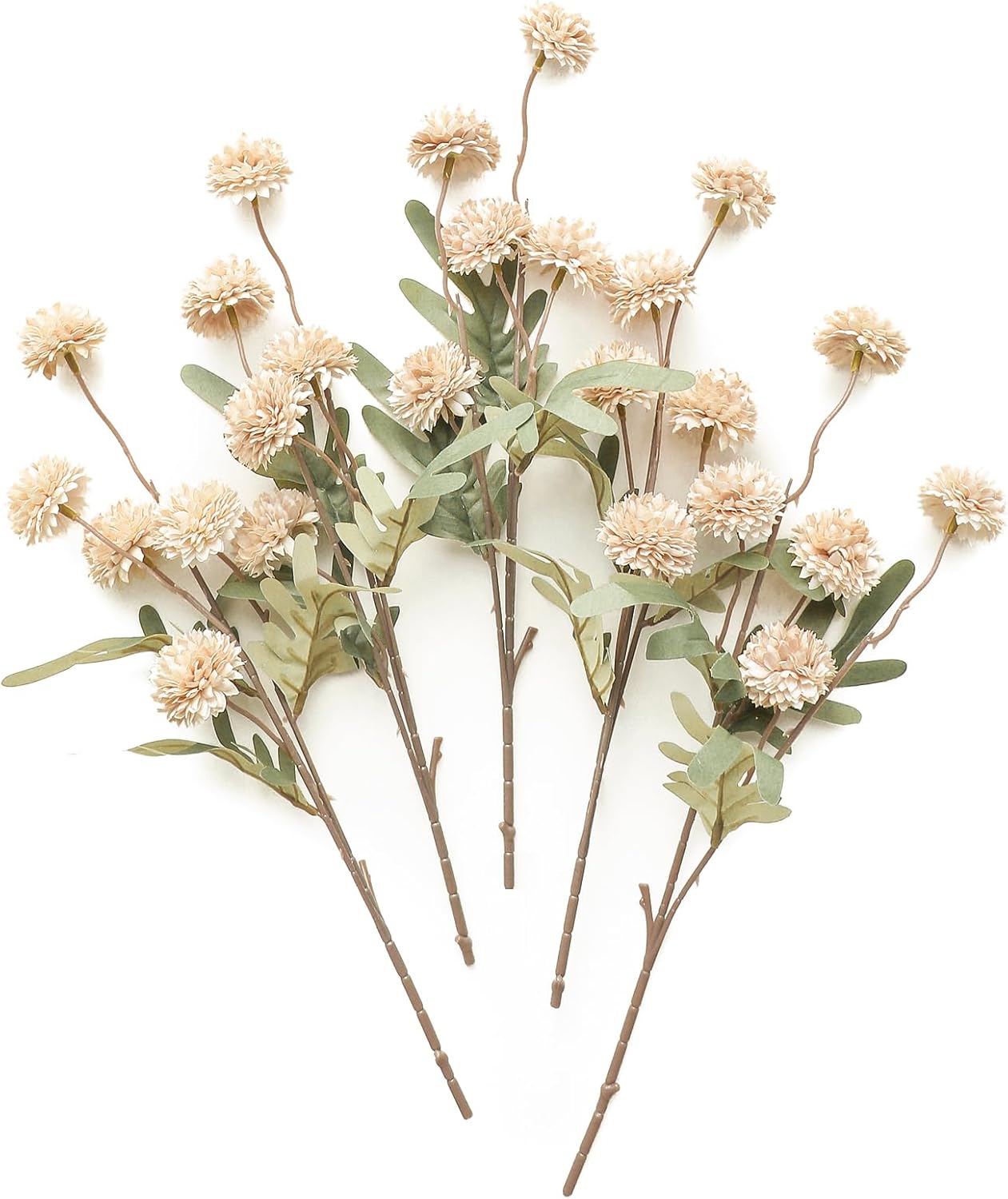 5 Faux Silk Pompon Mum Flowers with Stems, Beige 4"D x 16"H for DIY Decor