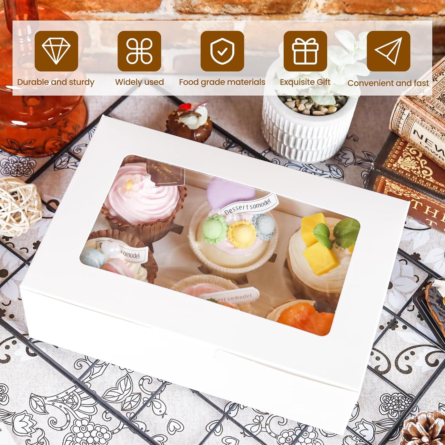 Cupcake Boxes with Inserts 6 Holders, White Standard Bakery Boxes with Window Food Grade Cupcake Containers 6 Count for Muffins, Pack of 15