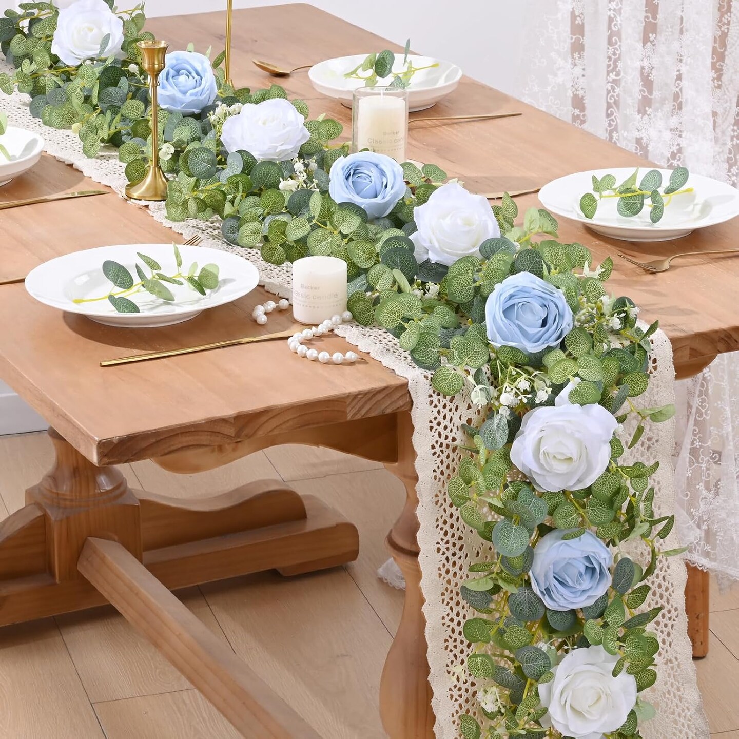 6.07FT Artificial Eucalyptus Garland with Flowers, Fake Rose Gypsophila Floral Garland, Greenery Garland Floral Vines for Wedding Table Backdrop Party Centerpiece Room Decor (Blue)
