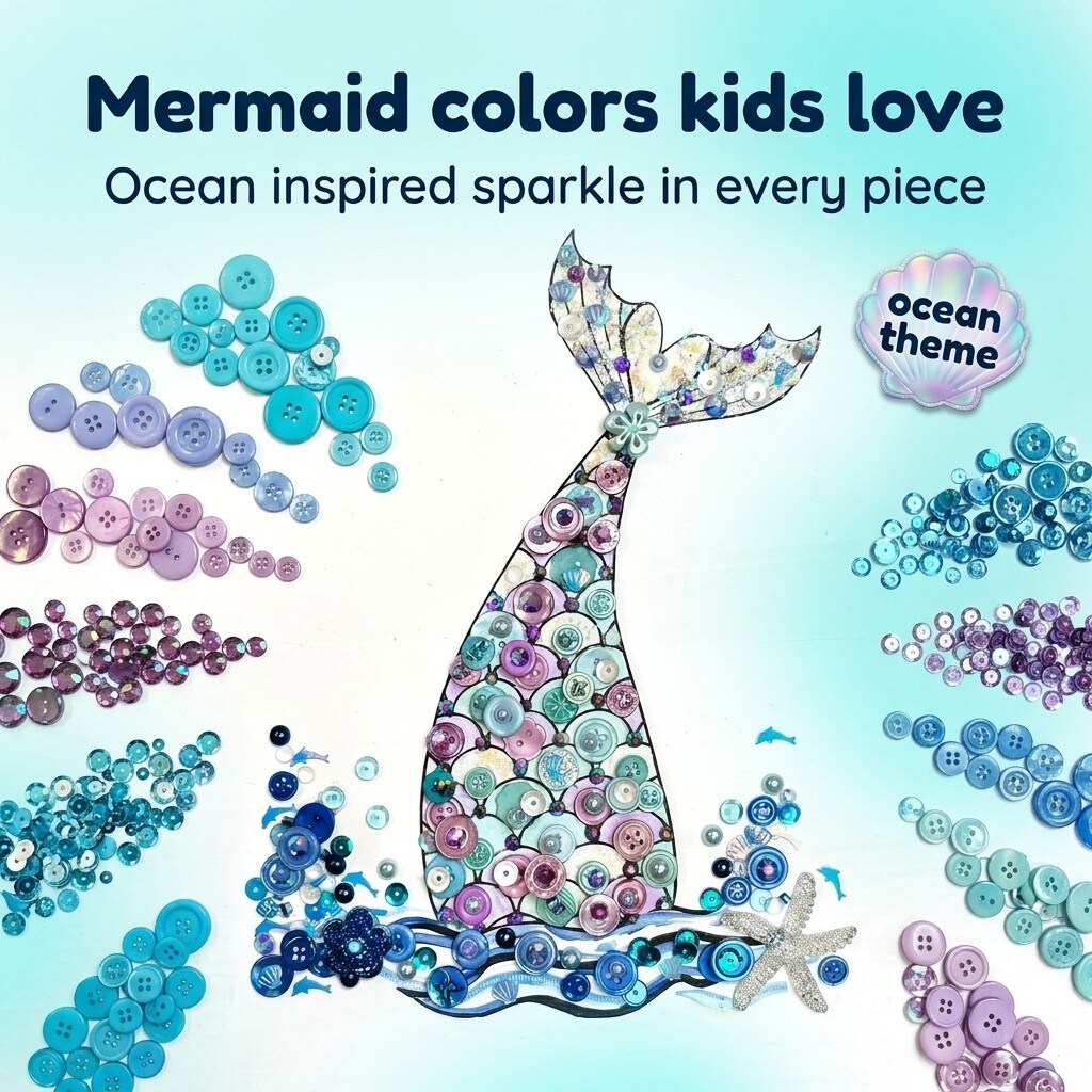 Buttons Galore and More Mermaid Tail DIY Button Art Kit – Ocean-Themed Craft Kit Craft Project for Kids & Adults