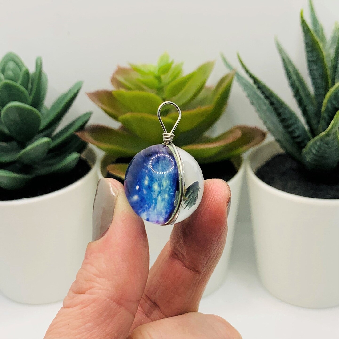 Wire Wrapped Glass Blue Galaxy Nebula Pendant Charms, 28x20mm