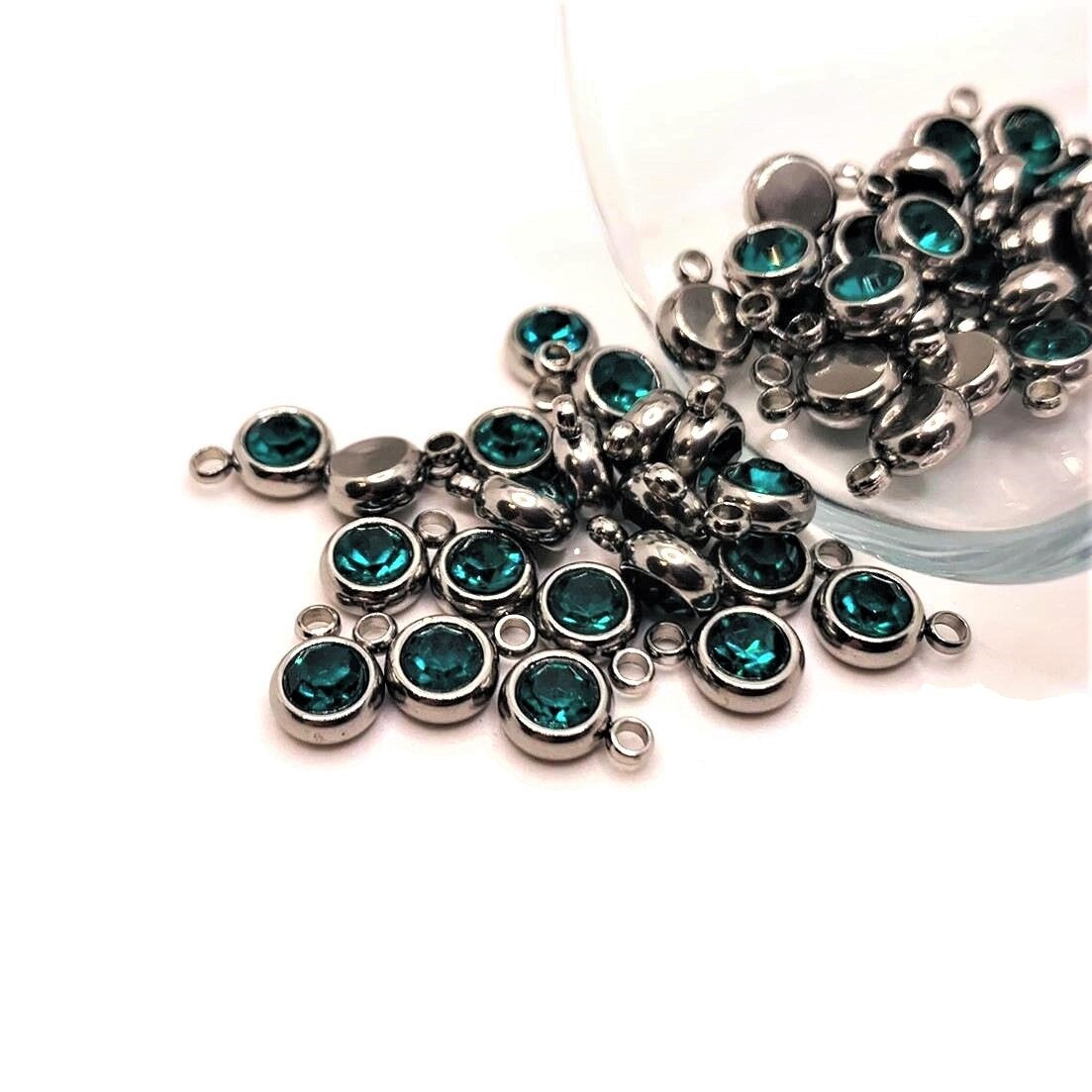 201 Stainless Steel, Aqua Blue December, Blue Zircon Birthstone Rhinestone Charms, 8x6mm