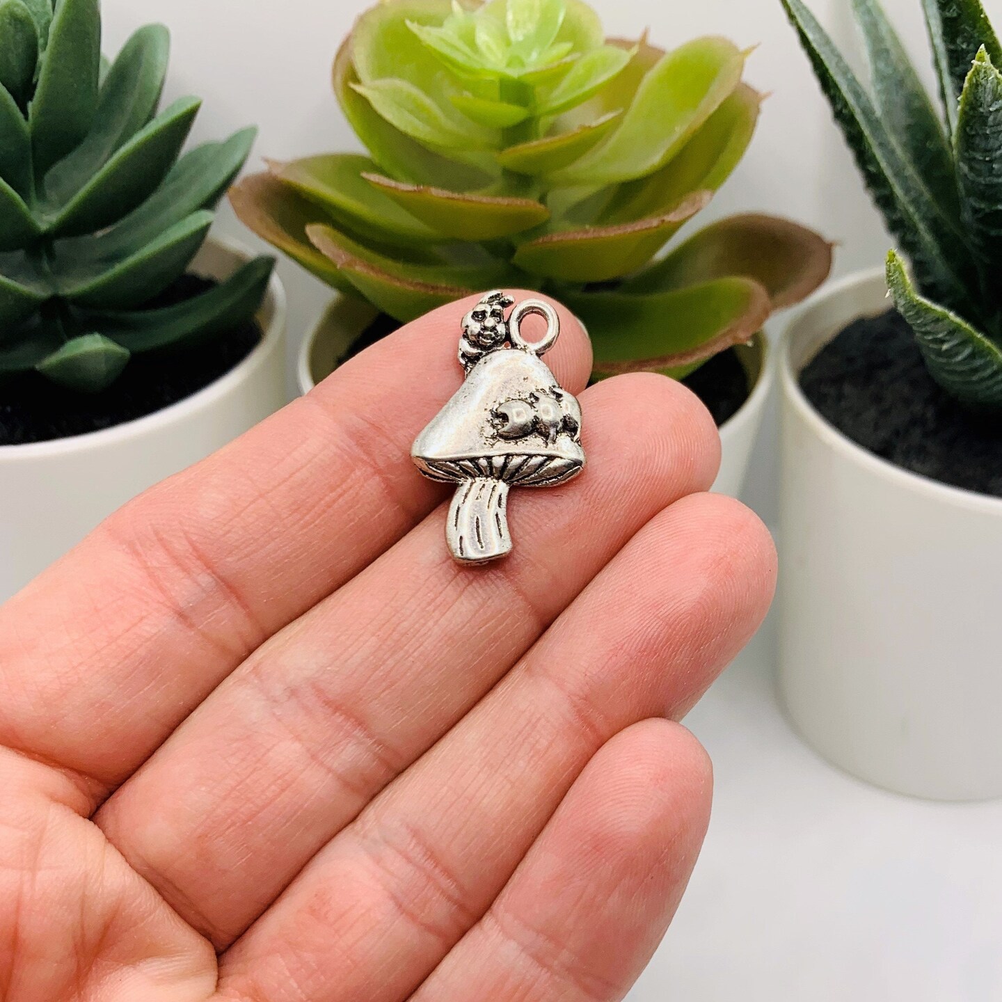 Silver Caterpillar on Mushroom Charms, 25x16mm