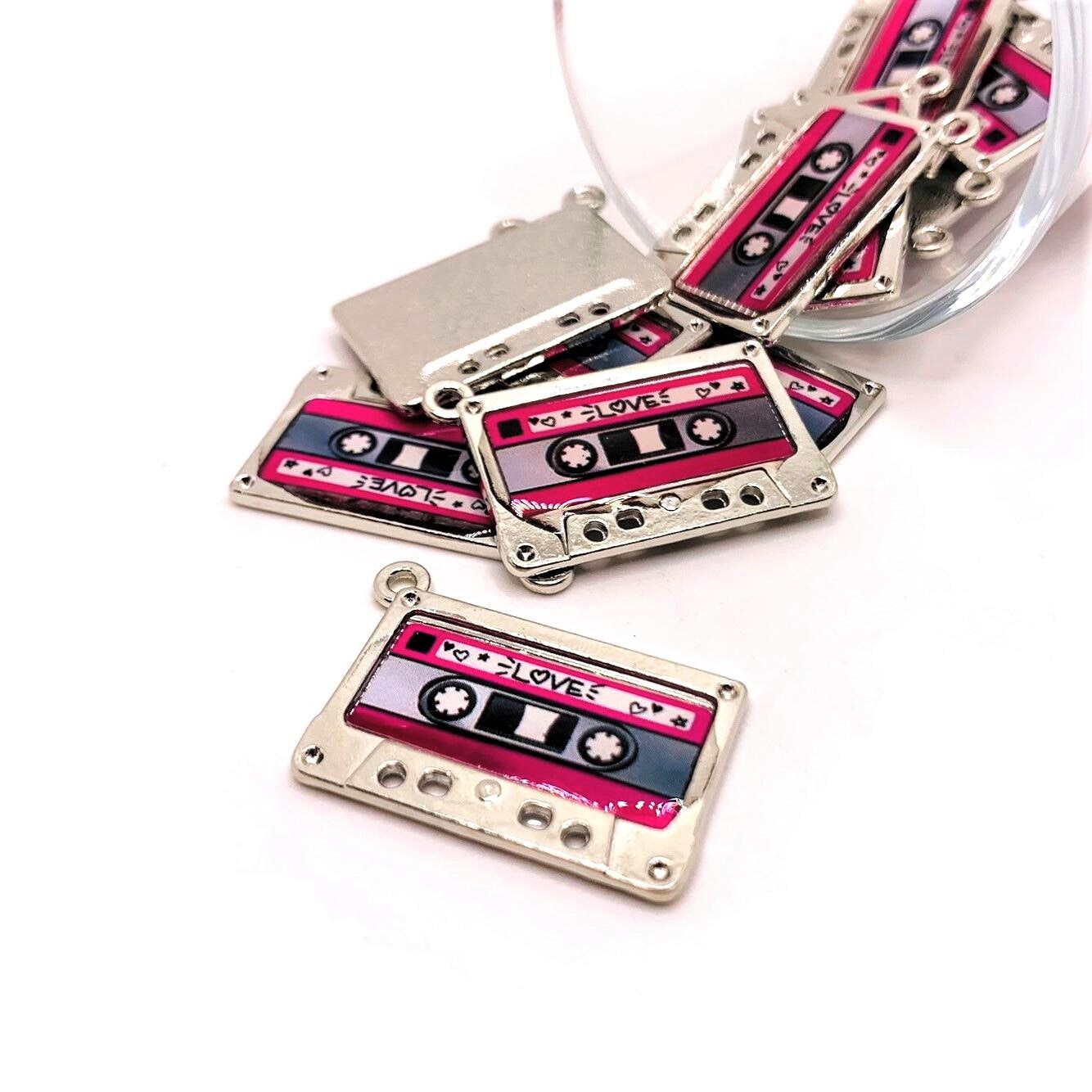 Pink and Silver 80&#x27;s Cassette Charms, 29x19mm