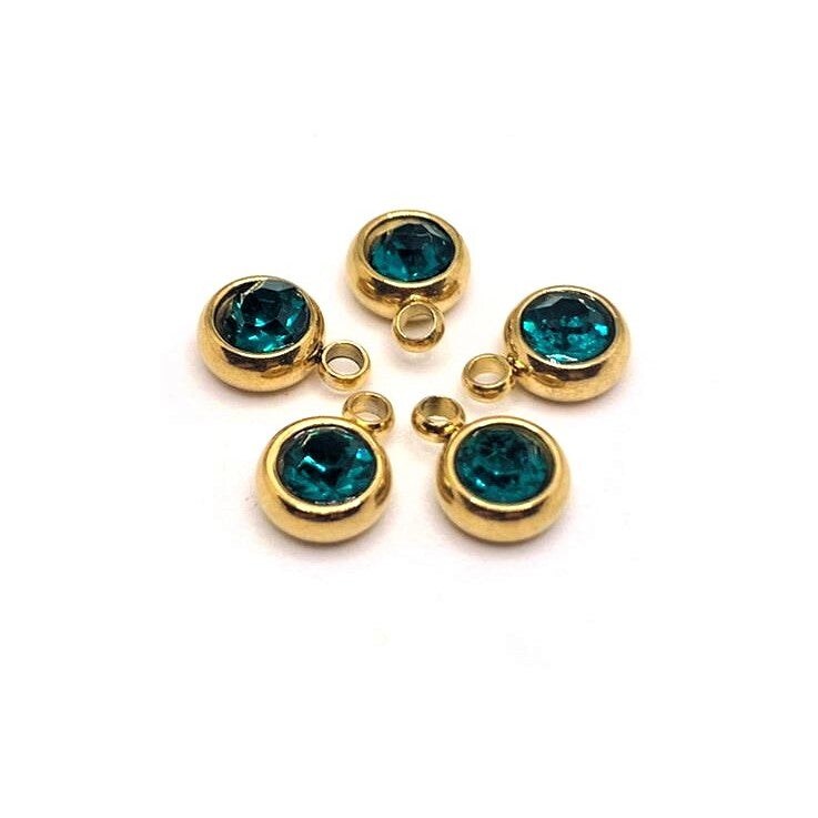 303 Stainless Steel, 18k Gold, Aqua Blue December Birthstone Rhinestone Charms, 8x6mm