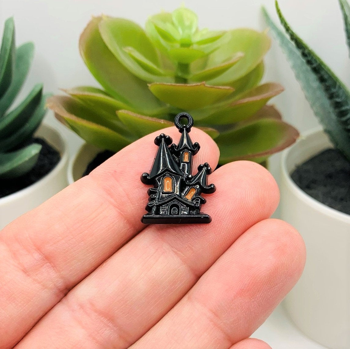 Black Enamel Haunted House Halloween Charms, 23x15mm