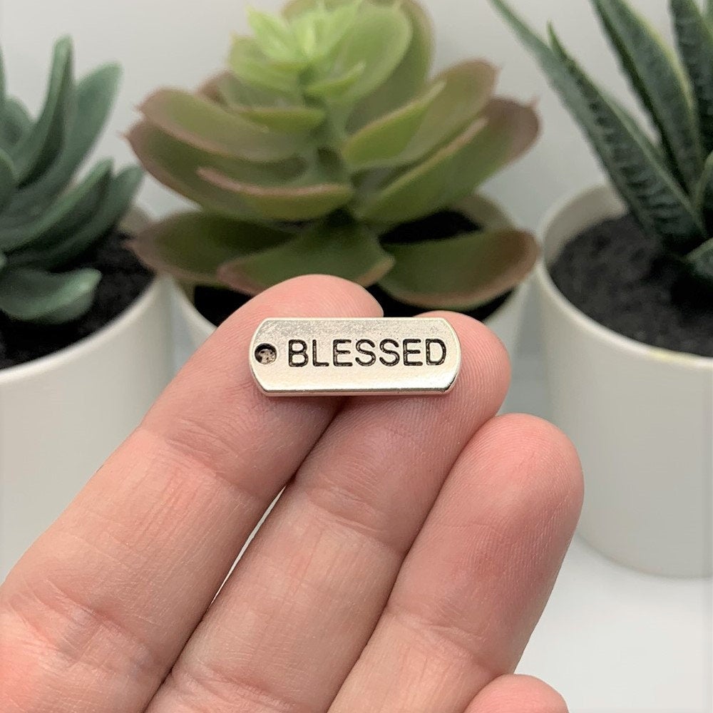 Silver Blessed Word Bar Tag Charms, 8x21mm