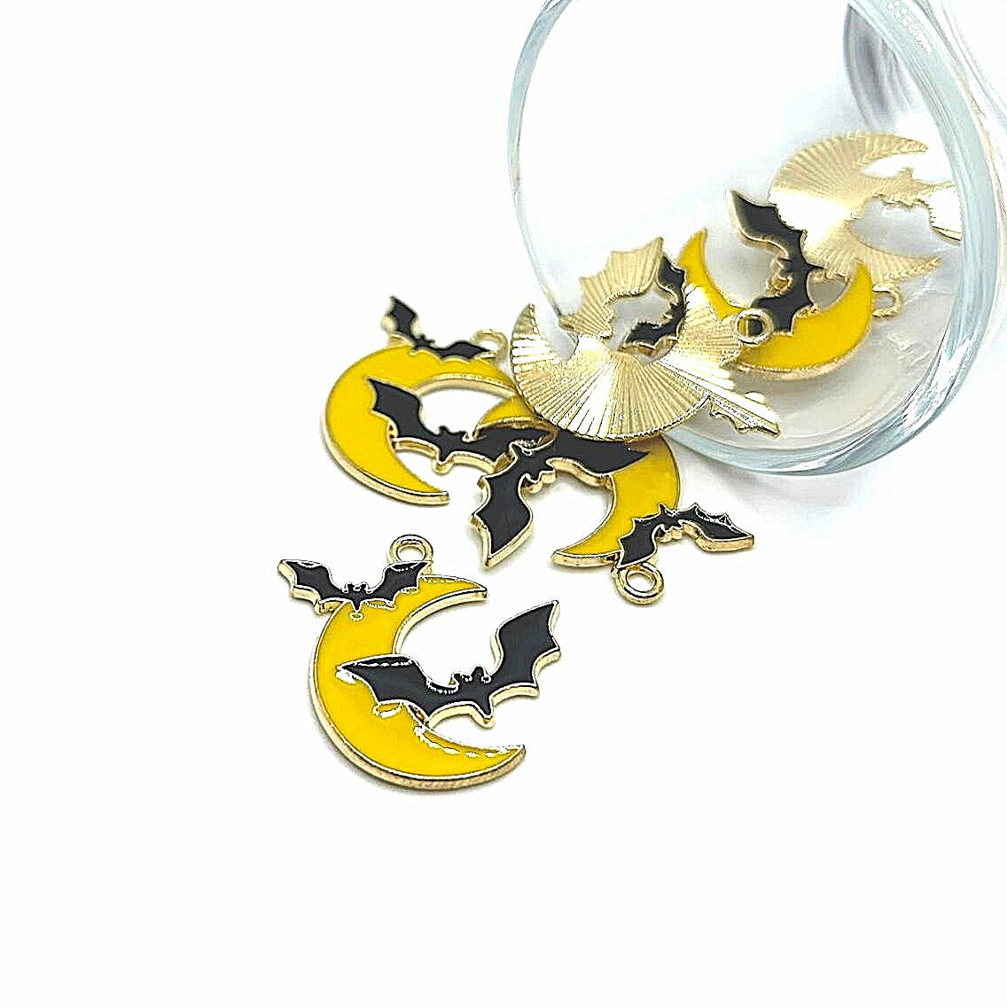 Enamel Crescent Moon and Bat Halloween Charms, 25x24mm