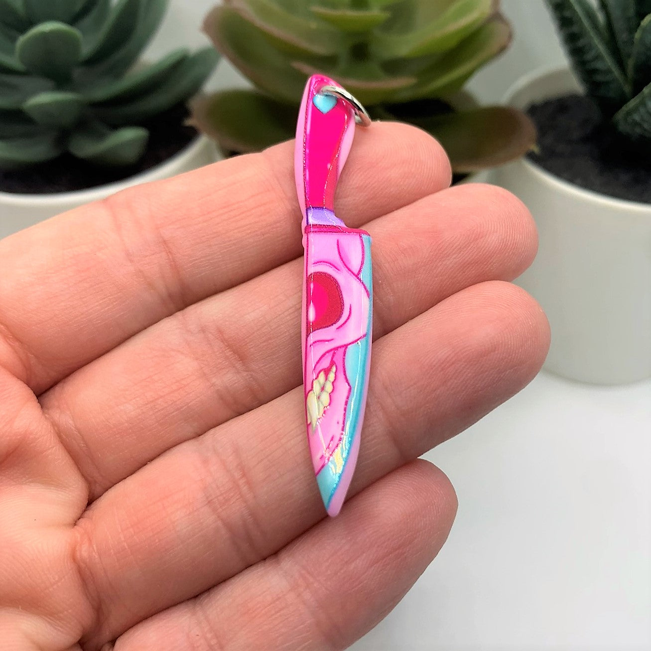 Pink Knife with Skull Face Halloween Charms, 55x8mm